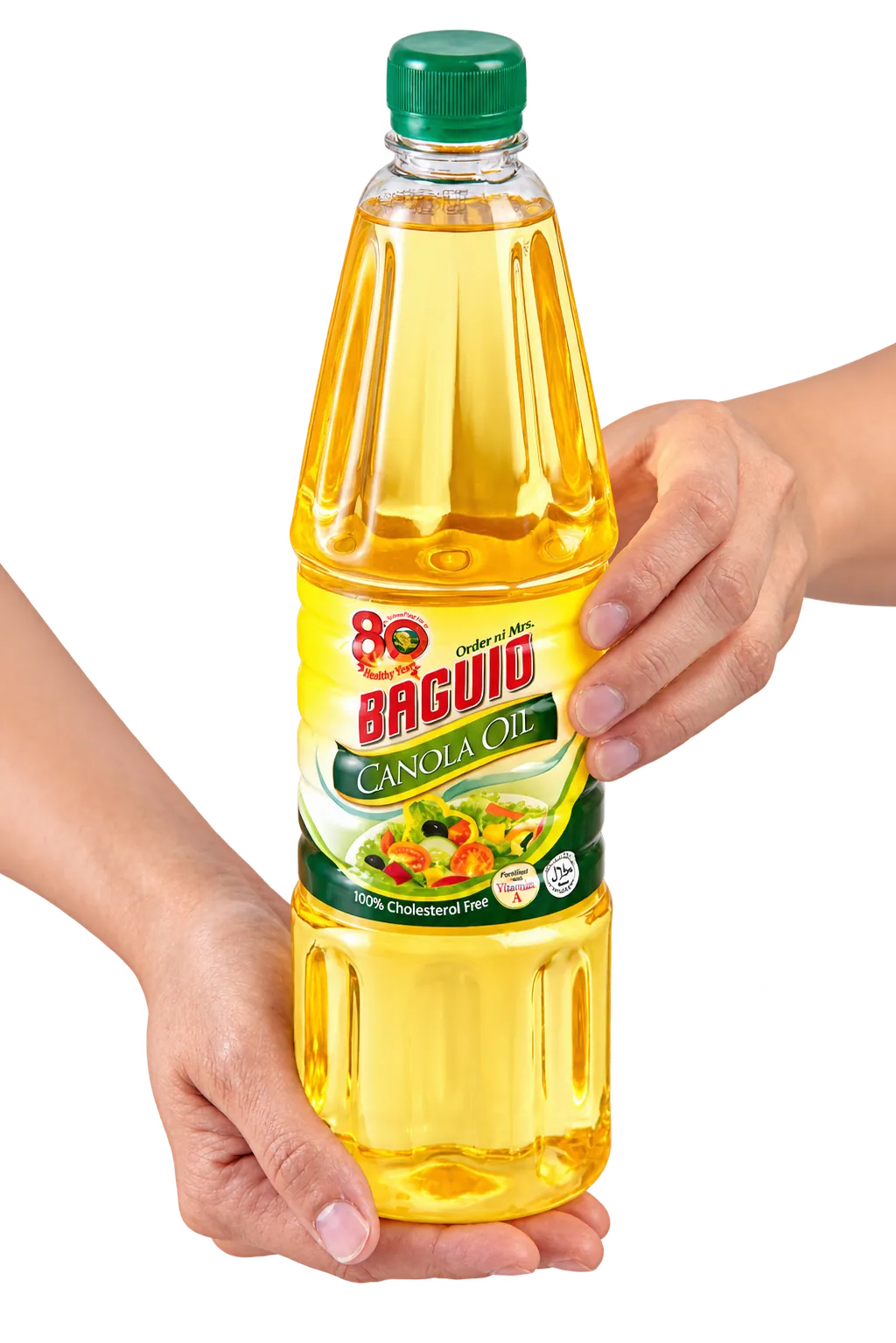 Hands holding a Baguio Canola Oil bottle