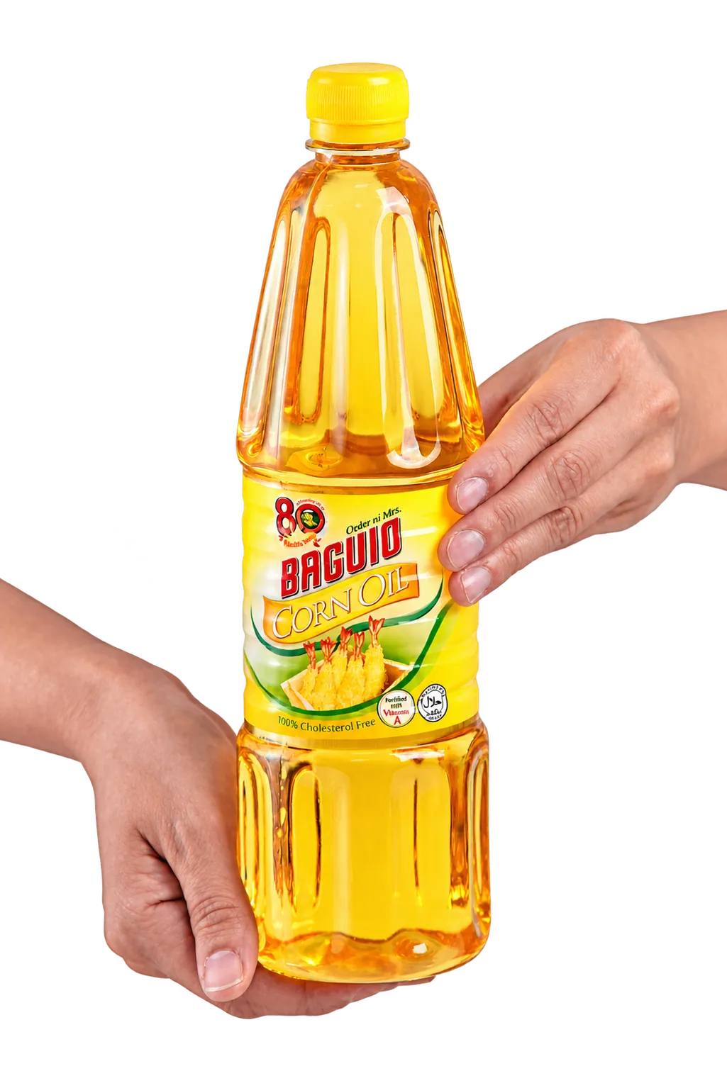Hands holding a Baguio Corn Oil bottle