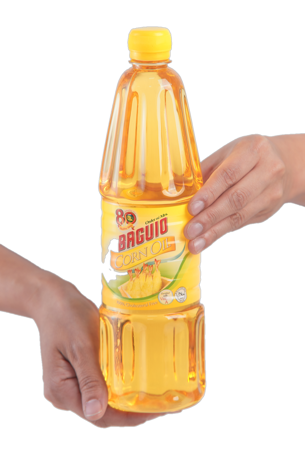 Hands holding a Baguio Corn Oil bottle