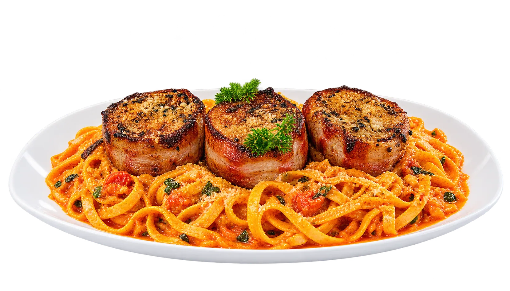 Valentine's Special Fettuccini Pomodoro with Filet Mignon Beef Steak
