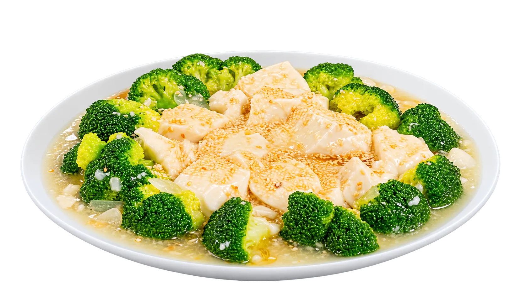Healthy Steamed Japanese Silky Tofu with Poached Broccoli and Roasted Sesame Seeds